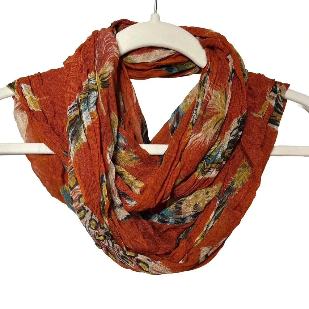 SAACHI Feather Print Scarf‎ Wrap Orange Brown Modal Lightweight